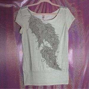 Miss Sugarfree Beige Feather Studded Rhinestone Shoulder Accents Women's Top